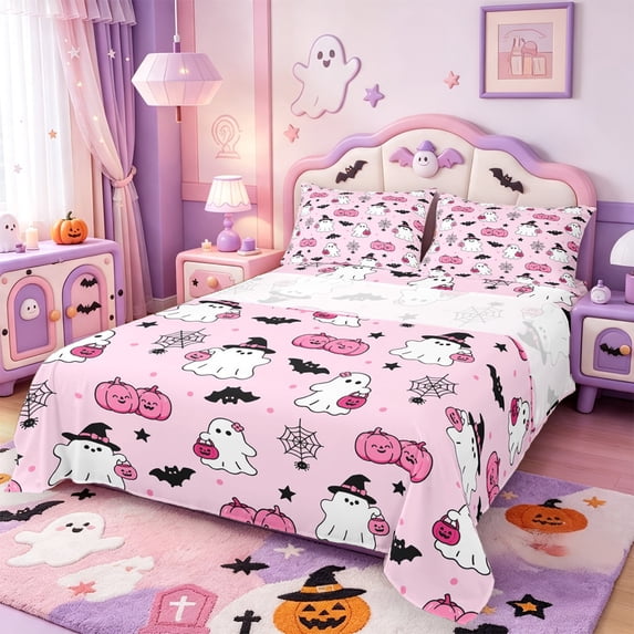 Manfei Cartoon Cute Ghost Queen Sheets,Skull With Roses Halloween Queen Sheet Sets,4pcs,1 Flat Sheet,1 Fitted Sheet and 2 Pillowcases