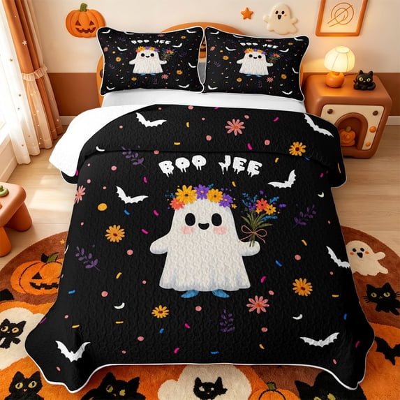 Manfei Cartoon Cute Ghost Quilt Full,Hello Fall Foliage Print Halloween Full Bedspread Sets,3pcs,1 Coverlet and 2 Pillowcases