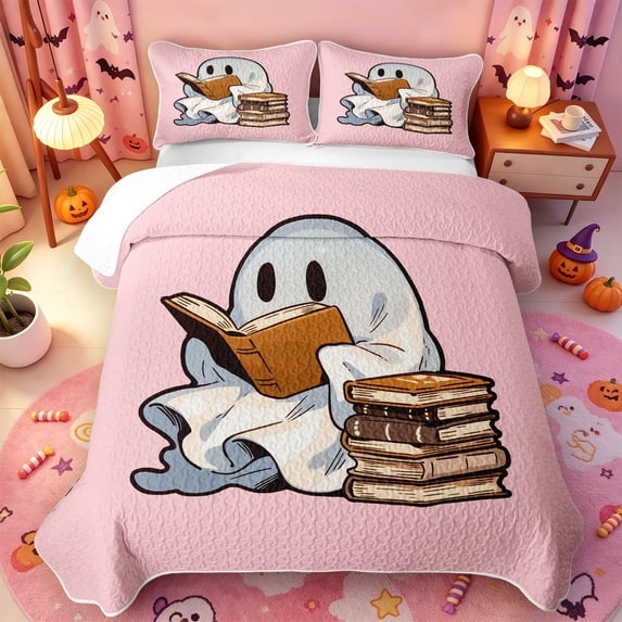 Manfei Cartoon Cute Ghost Quilt King,Happy Halloween Themed King Coverlet Set,3-Piece,1 Bedspread and 2 Pillowcases