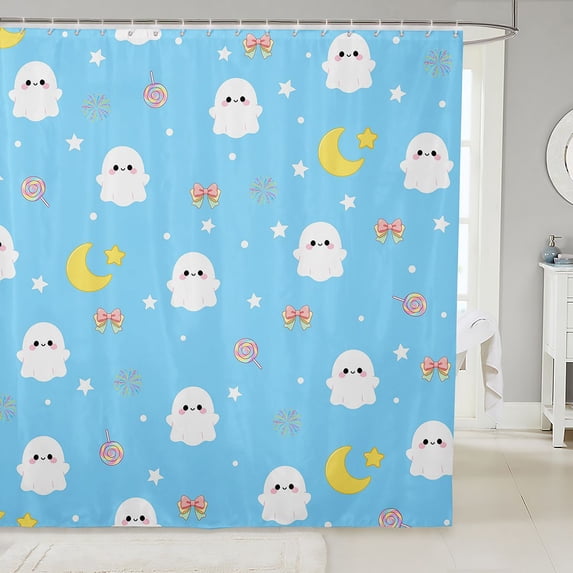 Manfei Cartoon Cute Ghost Shower Curtain 72Wx78L,Pastel Bat Pattern Halloween Bath Curtain