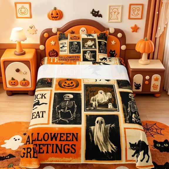 Manfei Cartoon Cute Ghost Twin Sheets,Spooky Skull Print Halloween Bedding,3pcs,1 Flat Sheet,1 Fitted Sheet and 1 Pillowcase