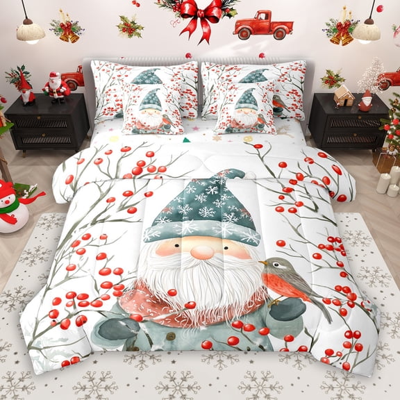 Manfei Cartoon Cute Gnome 7-Piece Twin Bedding Sets for Kids, Rustic Flower Bird Bedding Comforter Set, Merry Christmas Reversible Sheet Sets, Luxury Bedroom Decor