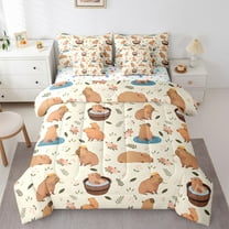 Manfei Cartoon Cute Kapibara 7-Piece Twin Bedding Sets,Brown Animal Capybara Bedding Comforter Set,Pink Flower Floral Sheet Sets For Kids Girls,Ultra Soft Home Decor Reversible