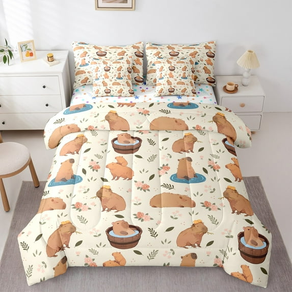 Manfei Cartoon Cute Kapibara 7-Piece Twin Bedding Sets,Brown Animal Capybara Bedding Comforter Set,Pink Flower Floral Sheet Sets For Kids Girls,Ultra Soft Home Decor Reversible
