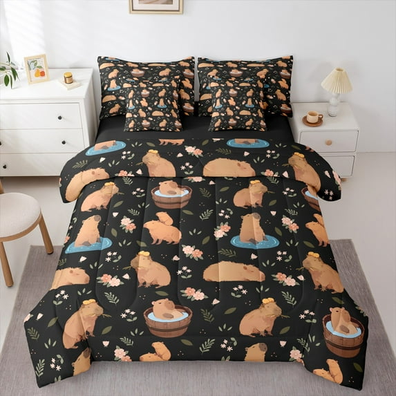 Manfei Cartoon Cute Kapibara 7pcs Bedding Comforter Set,Brown Animal Capybara Queen Bedding Sets,Rustic Flower Floral Queen Sheet Sets For Kids Girls,Ultra Soft Home Decor Reversible