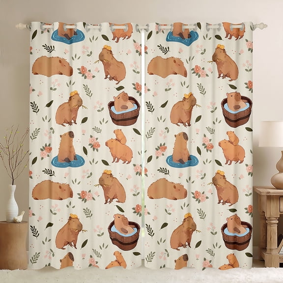 Manfei Cartoon Cute Kapibara Curtains Pack of 2 (42x84 Each),Brown Animal Capybara Curtains Blackout,Pink Flower Floral Bedroom Curtains For Kids Girls,Ultra Soft Home Decor