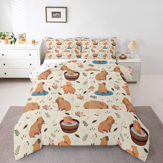 Manfei Cartoon Cute Kapibara Queen Comforter Set,Brown Animal Capybara Bedding Sets,Pink Flower Floral Bedding Comforter Set For Kids Girls,Ultra Soft Home Decor Reversible,3-Piece