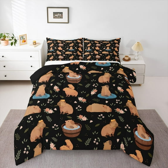 Manfei Cartoon Cute Kapibara Queen Comforter Set,Brown Animal Capybara Bedding Sets,Rustic Flower Floral Bedding Comforter Set For Kids Girls,Ultra Soft Home Decor Reversible,3pcs