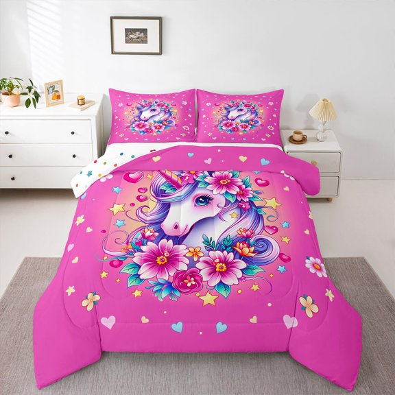 Manfei Cartoon Cute Unicorn Queen Comforter Set,Multicolor Flower Heart Comforter Sets Queen,Pink Multicolor,Polkadot Reversible,3pcs,1 Comforter and 2 Pillowcases