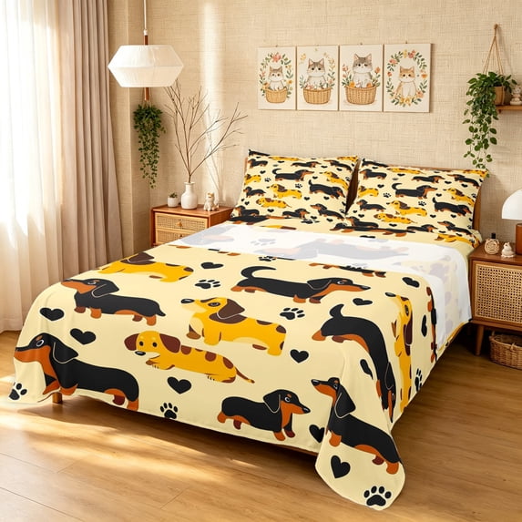 Manfei Cartoon Dachshund Bed Sheets, Love Heart Paw Full Size Sheets, Cream Brown, 4-Piece, 1 Flat Sheet, 1 Fitted Sheet and 2 Pillowcases