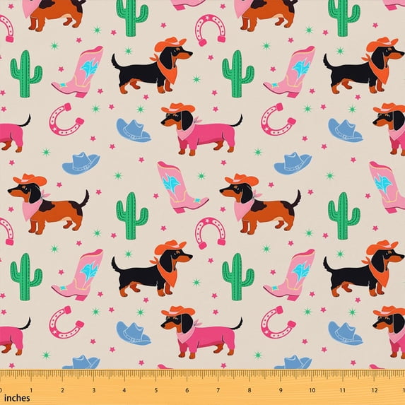 Manfei Cartoon Dachshund Dog Fabric by the Yard 5 Yards, Cute Cowgirl Fabric for Sewing, Cream
