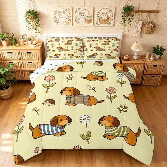 Manfei Cartoon Dachshund Dog King Size Comforter Sets, Daisy Floral Comforters King Size, Cream, Polkadot Reversible, 3pcs, 1 Comforter and 2 Pillowcases