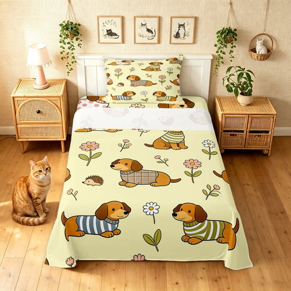 Manfei Cartoon Dachshund Dog Twin Sheets, Daisy Floral Bedding, Cream, 3pcs, 1 Flat Sheet, 1 Fitted Sheet and 1 Pillowcase