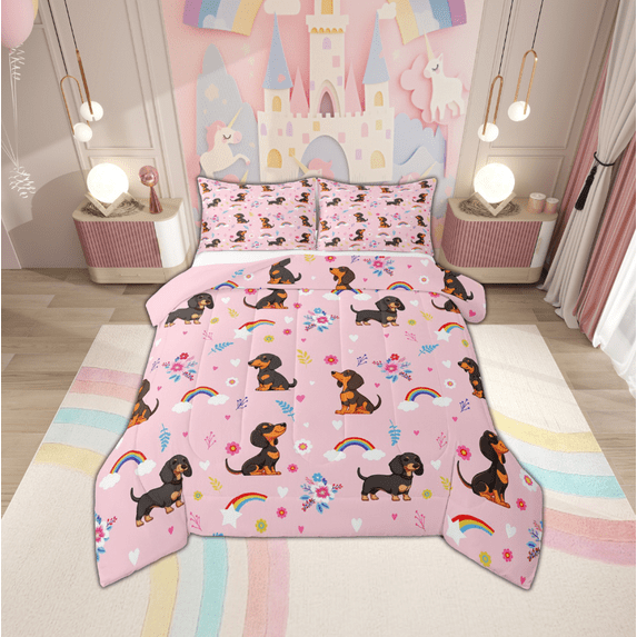 Manfei Cartoon Dachshund Full Size Comforter Sets,Pet Animal Bedding Comforter Set,Princess Rainbow Bedding Sets For Teens,Breathable Home Decor Reversible,3-Piece