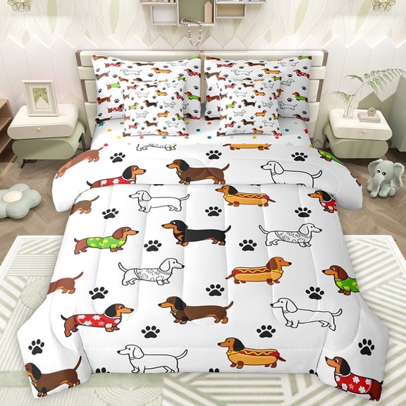 Manfei Cartoon Dachshund Lover Bedding Comforter Set 7pcs, Kawaii Dog Dalmatian Queen Bedding Sets, Cute Animal Theme Reversible Queen Sheet Sets, Breathable Home Decor