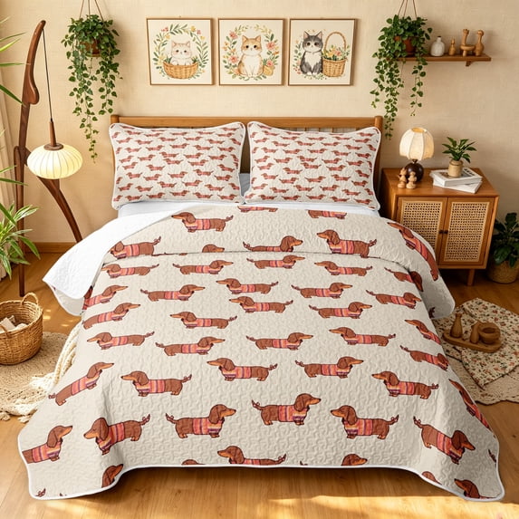 Manfei Cartoon Dachshund Quilt King, Stripe Sweater King Coverlet Set, Peach Brown, 3pcs, 1 Bedspread and 2 Pillowcases