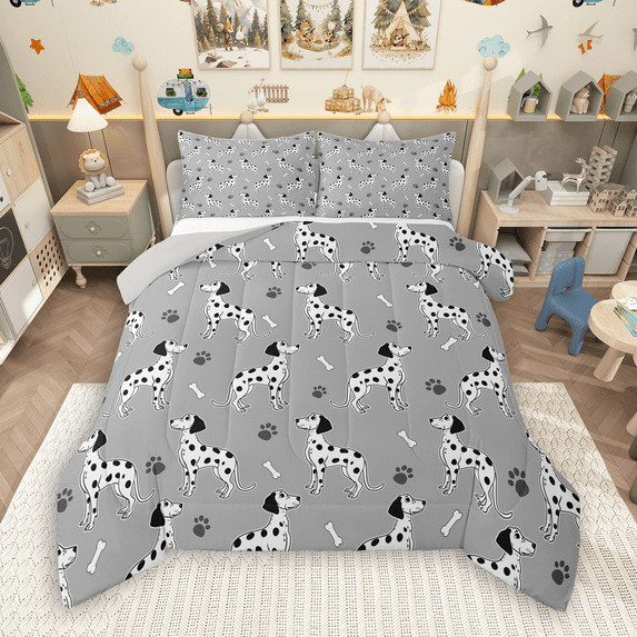 Manfei Cartoon Dalmatian Queen Comforter Set 3 Pieces, Pet Dog Paws Bedding Sets, Animal Theme Bedding Comforter Set, Ultra Soft Home Decor