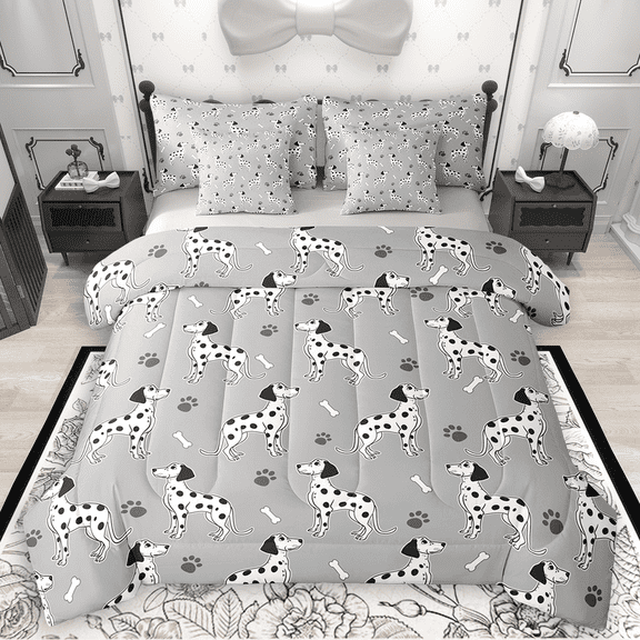 Manfei Cartoon Dalmatian Twin Bedding Sets 7pcs, Pet Dog Paws Bedding Comforter Set, Animal Theme Sheet Sets, Ultra Soft Home Decor