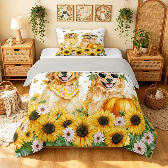 Manfei Cartoon Dalmatian Twin Comforter Sets, Farmhouse Sunflower Groovy Bedding Set, Yellow, Gray Reversible, 2 Pieces, 1 Comforter and 1 Pillowcase