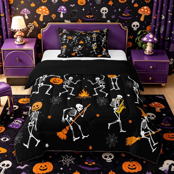 Manfei Cartoon Dancing Skeleton Twin Comforter Sets 2pcs, Halloween Pumpkin Bedding Set, Black Orange White,Black Reversible,1 Comforter and 1 Pillowcase