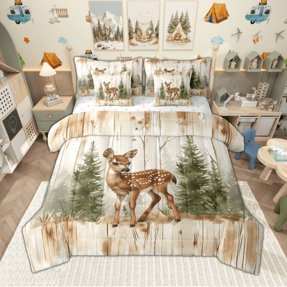 Manfei Cartoon Deer Bedding Comforter Set 7-Piece for Girls Boys, Watercolor Jungle Wildlife King Bedding Sets, Green Pine Tree Bed Sheets, Luxury Bedroom Decor
