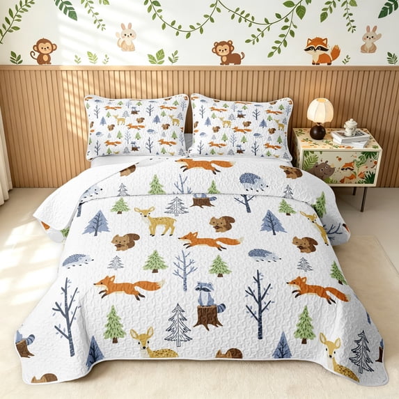 Manfei Cartoon Deer Fox Quilt Full, Waterclor Pine Tree Full Bedspread Sets, White, Polkadot Reversible, 3-Piece, 1 Coverlet and 2 Pillowcases