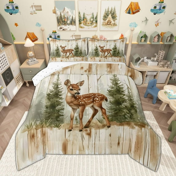 Manfei Cartoon Deer Full Size Comforter Sets for Girls Boys, Watercolor Jungle Wildlife Bedding Comforter Set, Green Pine Tree Bedding Sets, Luxury Bedroom Decor Reversible 3pcs