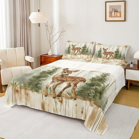 Manfei Cartoon Deer Full Size Sheets for Girls Boys, Watercolor Jungle Wildlife Bed Sheets, Green Pine Tree Sheet Sets, Luxury Bedroom Decor 4pcs