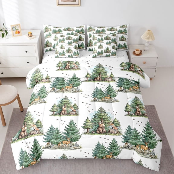 Manfei Cartoon Deer Pattern 7pcs Queen Bedding,Kawaii Fox Bedding Comforter Set Queen,White,Reversible
