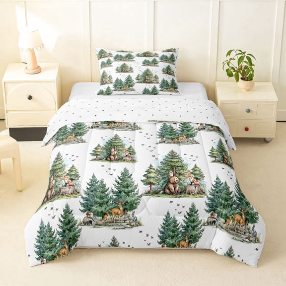 Manfei Cartoon Deer Pattern Twin Comforter Sets,Kawaii Fox Bedding Set,White,Reversible,2-Piece,1 Comforter and 1 Pillowcase