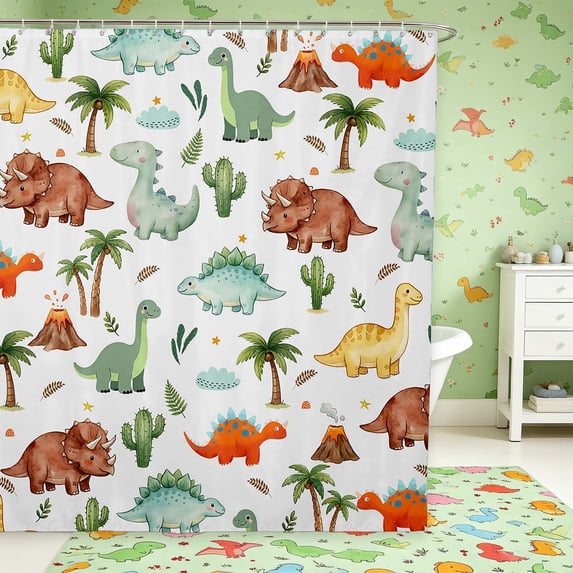 Manfei Cartoon Dino Animals Shower Curtain 72Wx72L,Kawaii Palm Tree Cactus Bathroom Curtain,White Brown