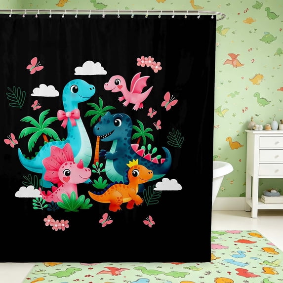 Manfei Cartoon Dino Animals Shower Curtain 72Wx78L,Kawaii Palm Flower Cloud Bath Curtain,Black