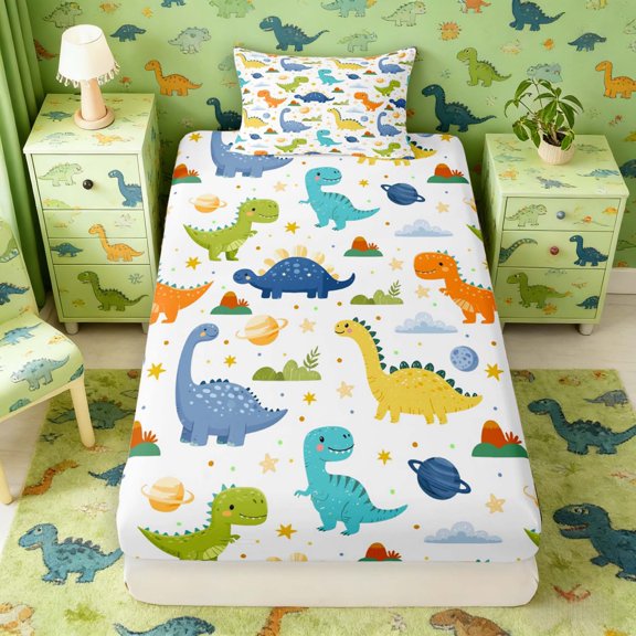 Manfei Cartoon Dino Animals Twin Fitted Sheet,Kawaii Cloud Stars Bedding,Yellow Blue,2 Pieces,1 Fitted Sheet and 1 Pillowcase