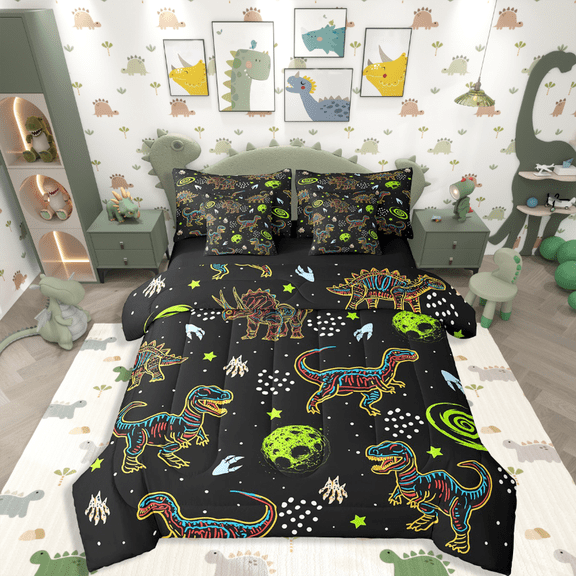 Manfei Cartoon Dinosaur 7-Piece Bedding Comforter Set,Universe Planet King Bedding Sets,Starry Sky Ultra Soft Bed Sheets,Breathable Animal Home Decor,Reversible