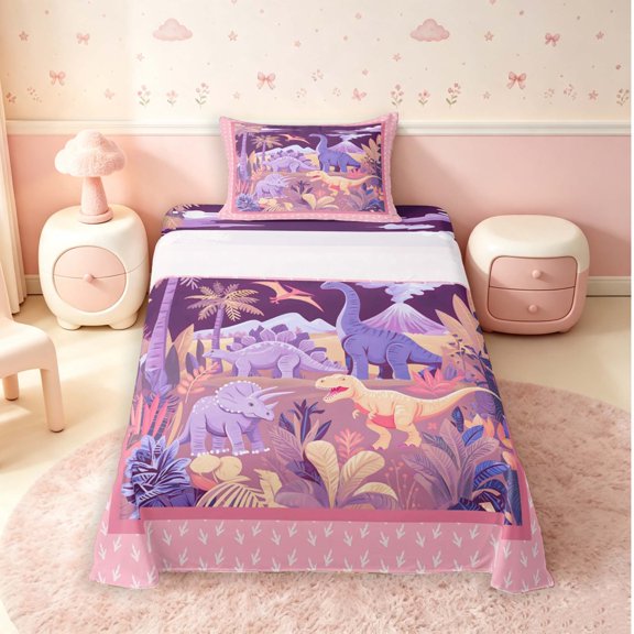 Manfei Cartoon Dinosaur Animals Twin Sheets,Kawaii Pterosaur Bedding,Pink Purple,3pcs,1 Flat Sheet,1 Fitted Sheet and 1 Pillowcase