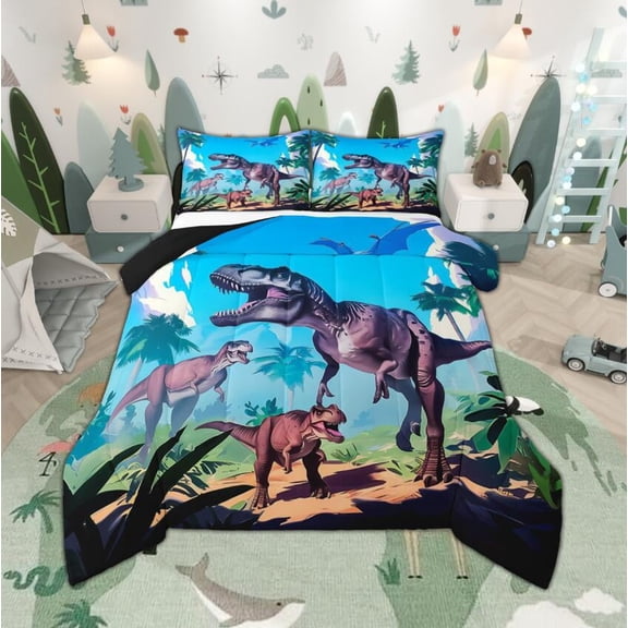 Manfei Cartoon Dinosaur Bedding Comforter Set for Boys Kids, Jungle Animal Twin Comforter Sets, Tyrannosaurus Rex Bedding Set, Super Cozy Bedroom Decor Reversible 2-Piece