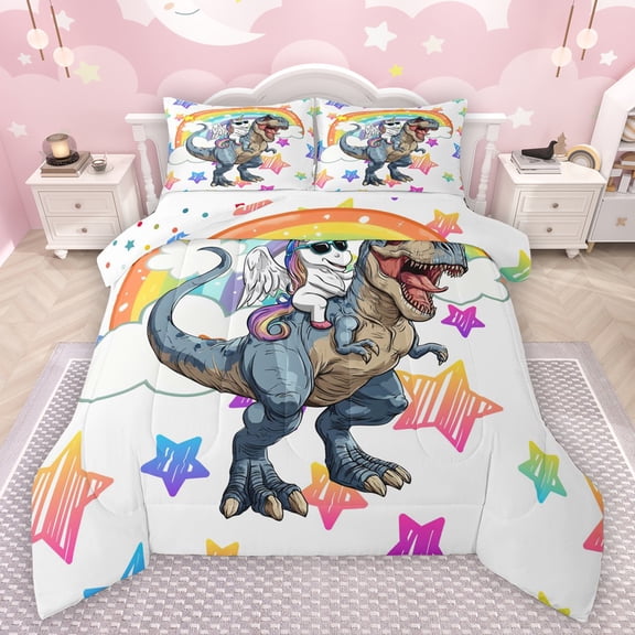 Manfei Cartoon Dinosaur Bedding Comforter Set,Cute Unicorn Twin Comforter Sets,Colorful Stars Rainbow Bedding Set For Girls Boys,Microfiber Bedroom Decor Reversible,2pcs