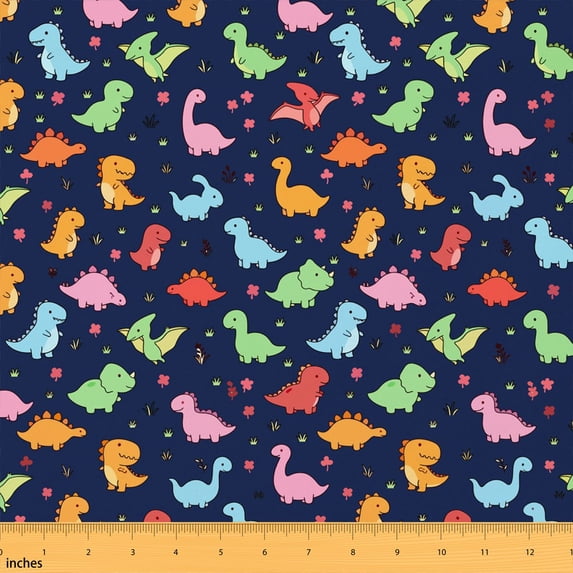 Manfei Cartoon Dinosaur Fabric by the Yard 1 Yard, Cute Dino Home Decor Fabric by the Yard, Navy Blue