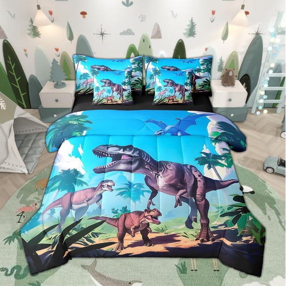 Manfei Cartoon Dinosaur Twin Bedding Sets 7-Piece for Boys Kids, Jungle Animal Bedding Comforter Set, Tyrannosaurus Rex Sheet Sets, Super Cozy Bedroom Decor