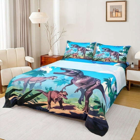 Manfei Cartoon Dinosaur Twin Sheet Sets 3pcs for Boys Kids, Jungle Animal Twin Fitted Sheet, Tyrannosaurus Rex Flat Sheet, Super Cozy Bedroom Decor