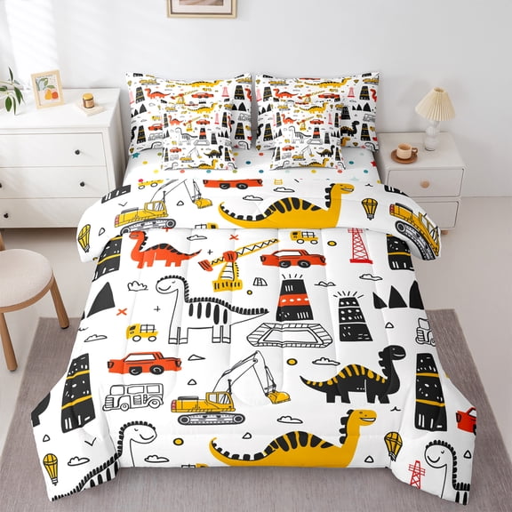 Manfei Cartoon dinosaur 7-Piece Bedding Comforter Set,Construction Vehicles Excavator King Bedding Sets,Orange White Black Bed Sheets For Boys Kids Microfiber Bedroom Decor Reversible