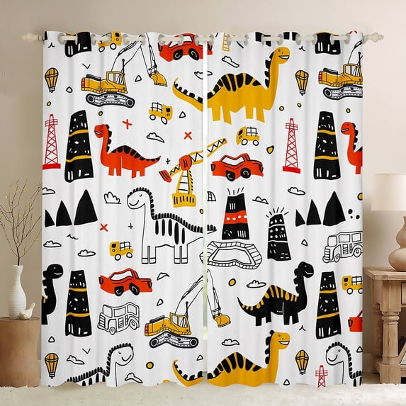 Manfei Cartoon Dinsaur Blackout Curtains Set of 2 (52x84 Each),Construction Vehicles Excavator Window Curtains,Orange White Black Curtains and Drapes For Boys Kids Microfiber Bedroom Decor
