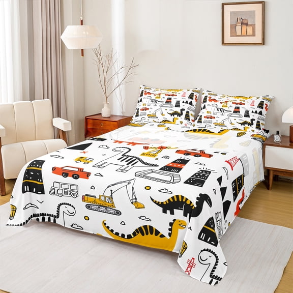 Manfei Cartoon dinosaur Queen Sheet Sets,Construction Vehicles Excavator Flat Sheet,Orange White Black Queen Fitted Sheet For Boys Kids Microfiber Bedroom Decor,4 Pieces