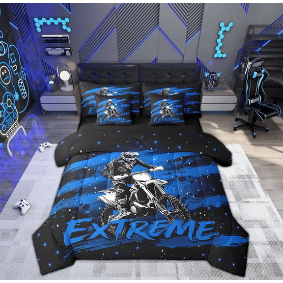 Manfei Cartoon Dirt Bike Bed in a Bag Queen size, Speed Sports Bed Set, Teenager Boys Girls Reversible Bedding Queen Size, Breathable Room Decoration, 7pcs