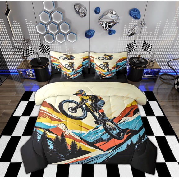 Manfei Cartoon Dirt Bike Bedding Sets Full Size, Speed Sports Bed in a Bag Full size, Teenager Boys Girls Reversible Comforter Sets with Sheets, Microfiber Room Decoration, 7pcs