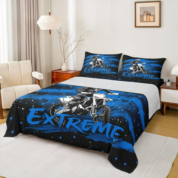 Manfei Cartoon Dirt Bike Full Sheet Sets, Speed Sports Sheet Set Full, Teenager Boys Girls Bed Sheets Set Full Size, Breathable Room Decoration, 4pcs