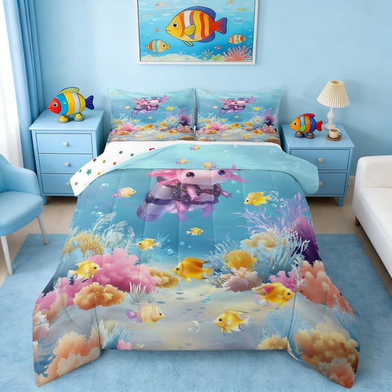 Manfei Cartoon Diving Axolotl Full Size Comforter Sets for Kids Boys and Girls, Underwater Coral Fish Bedding Sets, Polka Dots Reversible 3 Pieces, 1 Comforter and 2 Pillowcases