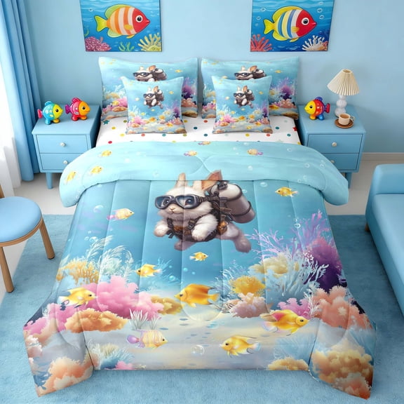Manfei Cartoon Diving Pug Bedding Comforter Set for Kids Boys and Girls, Underwater Coral Fish Queen Bedding Sets, Polka Dots Reversible 7pcs