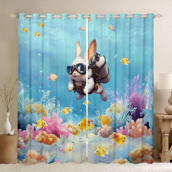 Manfei Cartoon Diving Pug Black Out Curtains for Kids Boys and Girls, Underwater Coral Fish Curtains Pack of 2 (42x63 Each)