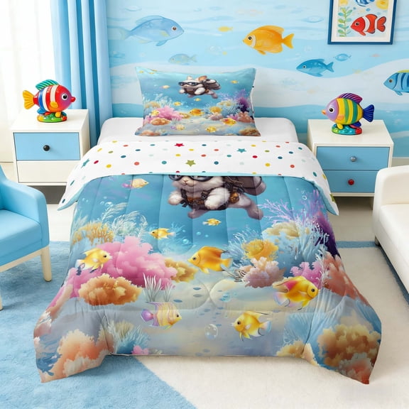 Manfei Cartoon Diving Pug Twin Comforter Sets for Kids Boys and Girls, Underwater Coral Fish Bedding Set, Polka Dots Reversible 2pcs, 1 Comforter and 1 Pillowcase